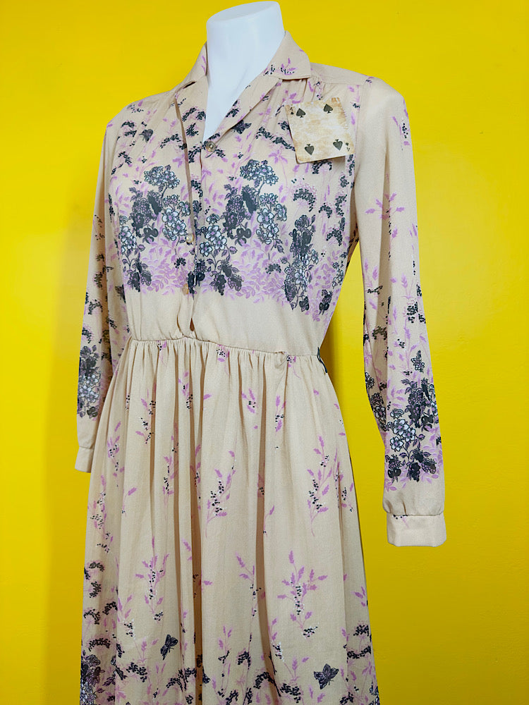 Butterfly Print 1970s Lightweight Dress M