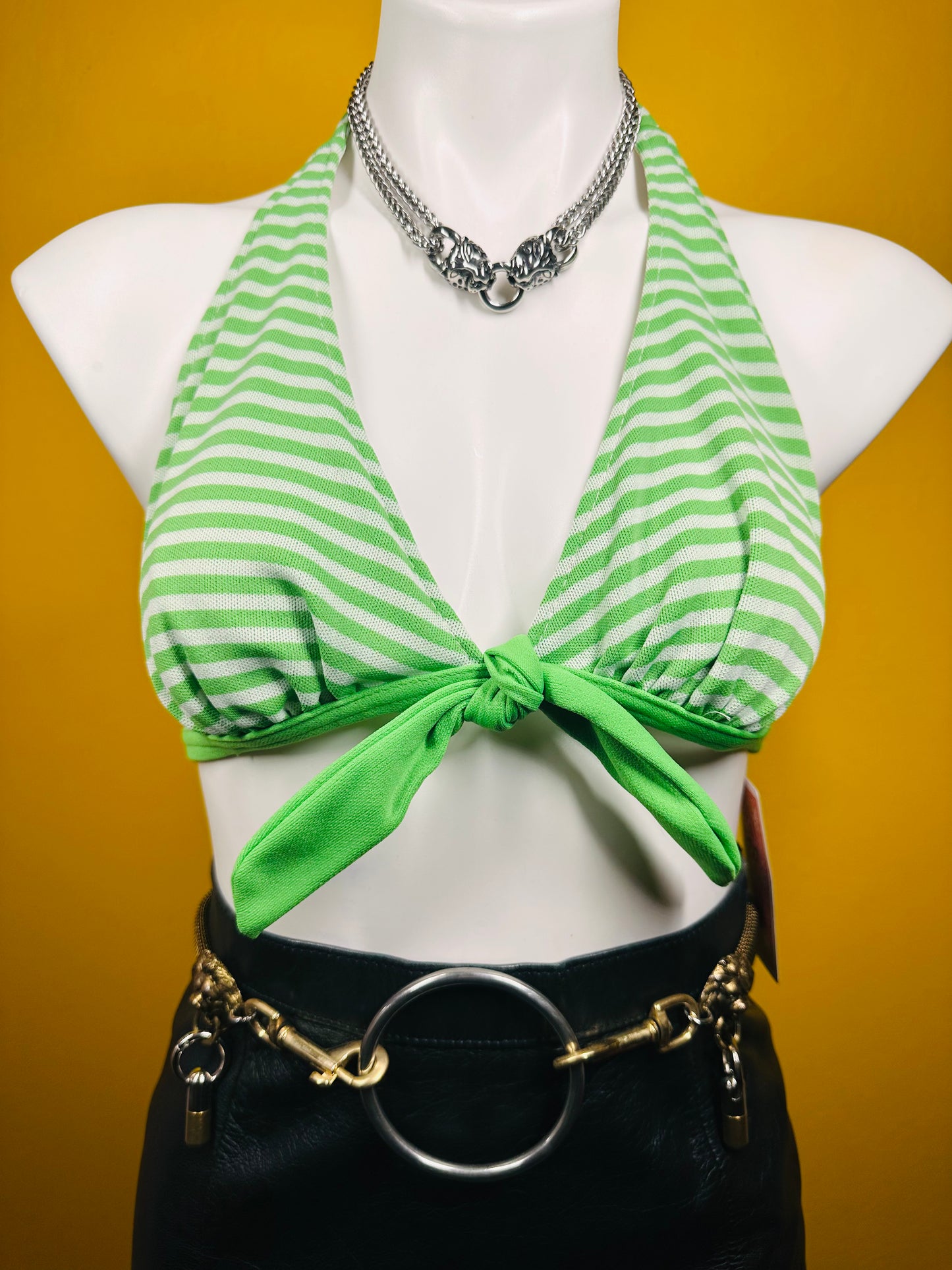 Vintage Green Striped Bikini Top S