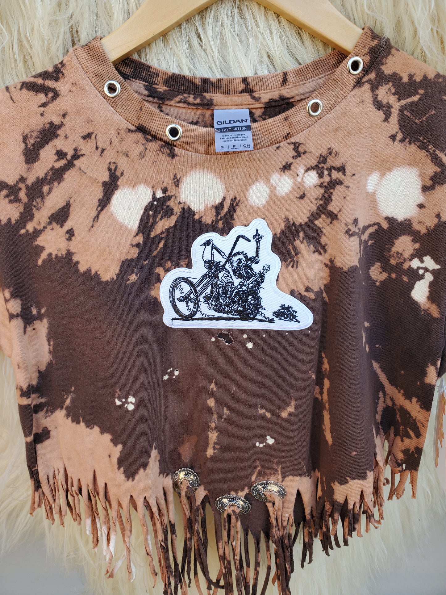 Tie Dye Fringed crop top with Concho and Chopper Patch XS