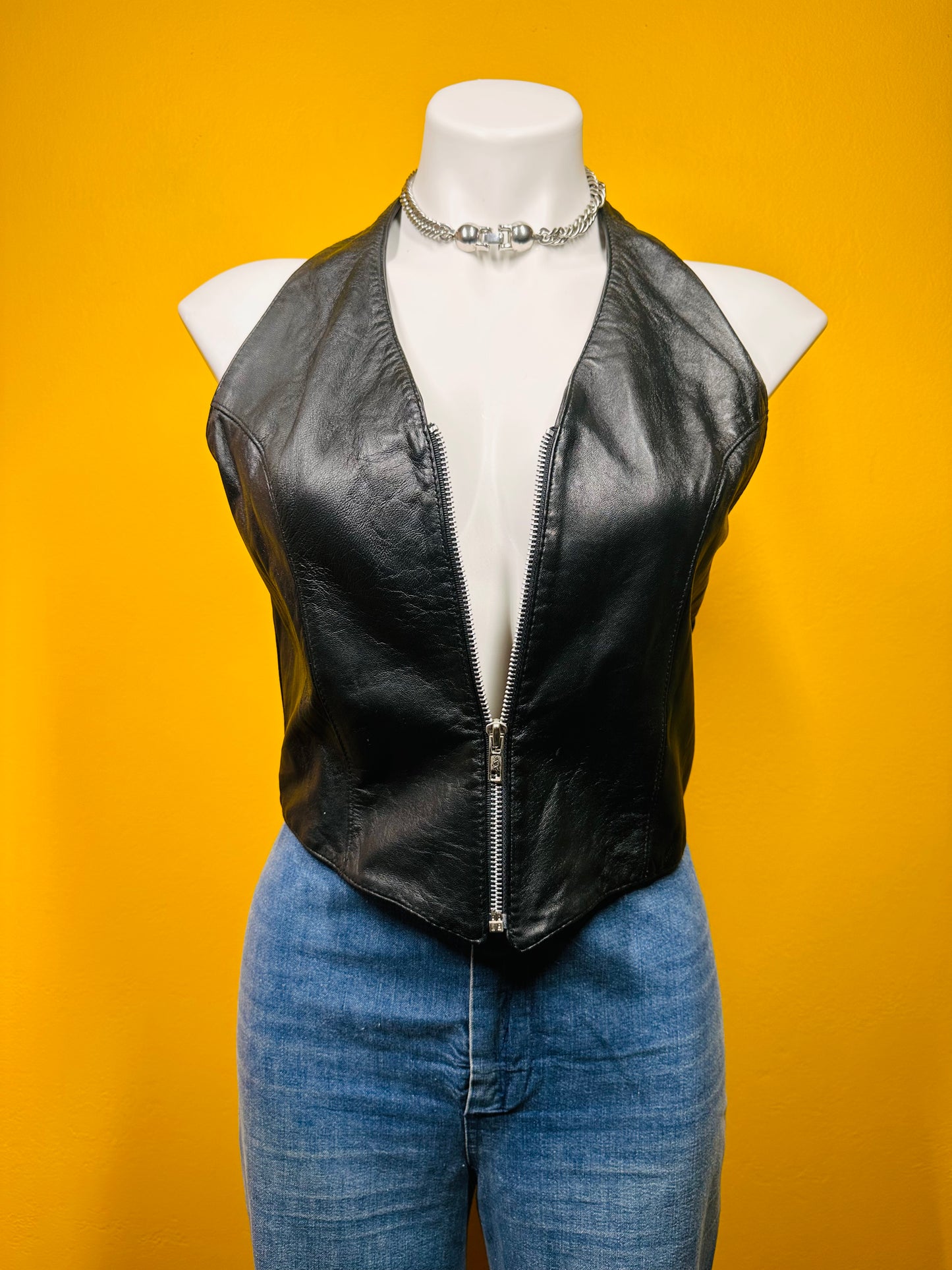 Vintage Leather Zip up Halter Vest